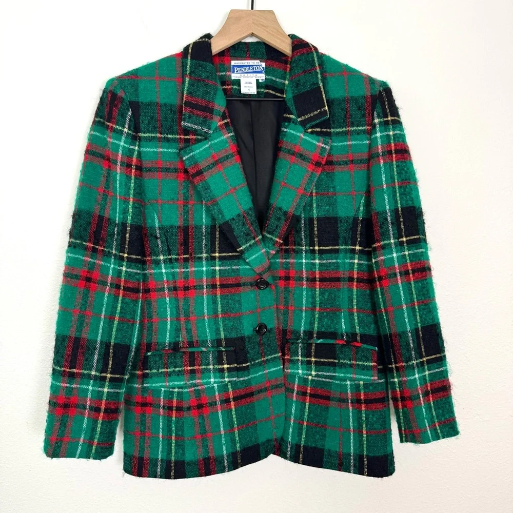 VTG Pendleton Wool Tartan Plaid Blazer Green Red Size 4 Petite - Picture 1 of 8